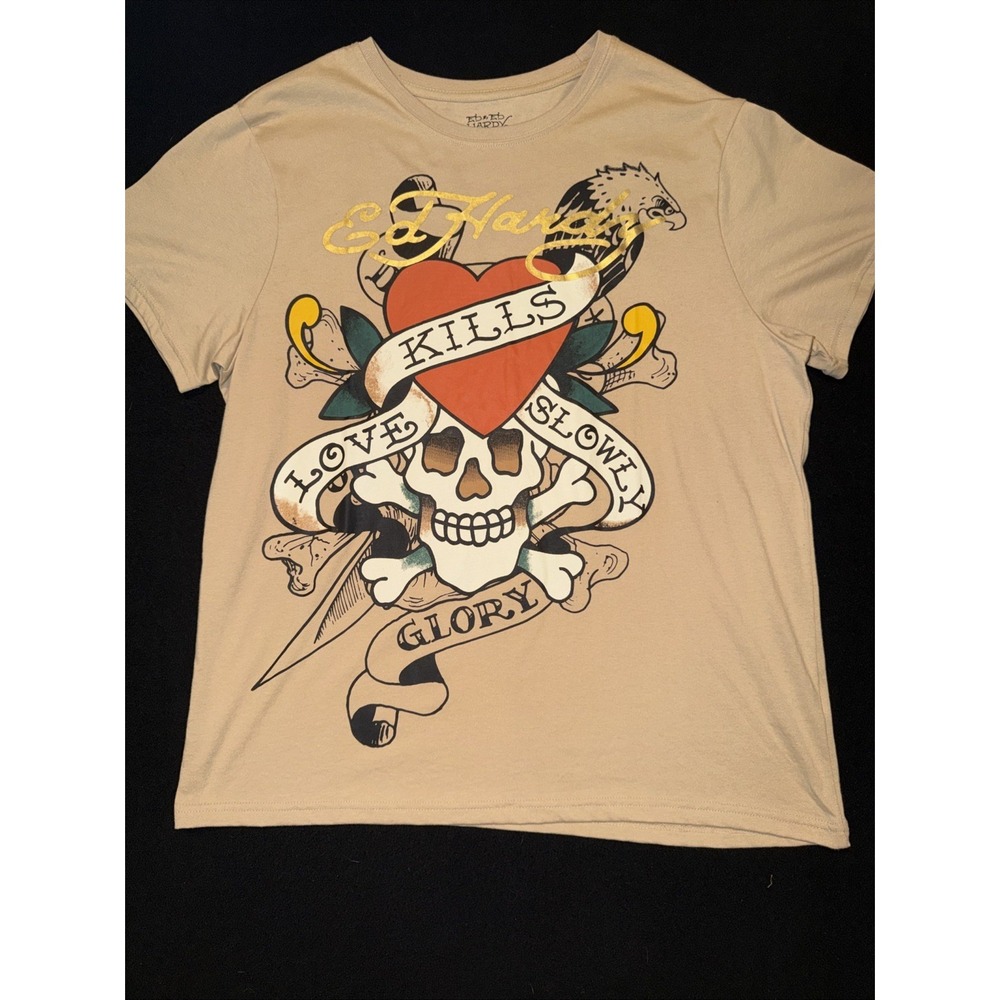 Ed Hardy  "Love Kills Slowly" T-Shirt Skull & Heart Graphics Beige Mens XL‎